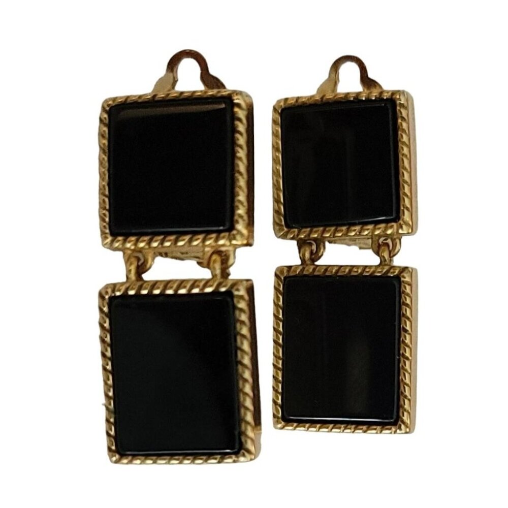 MFA Gold Tone Black Onyx Square Articulated Clip-On Earrings, Signed K35
